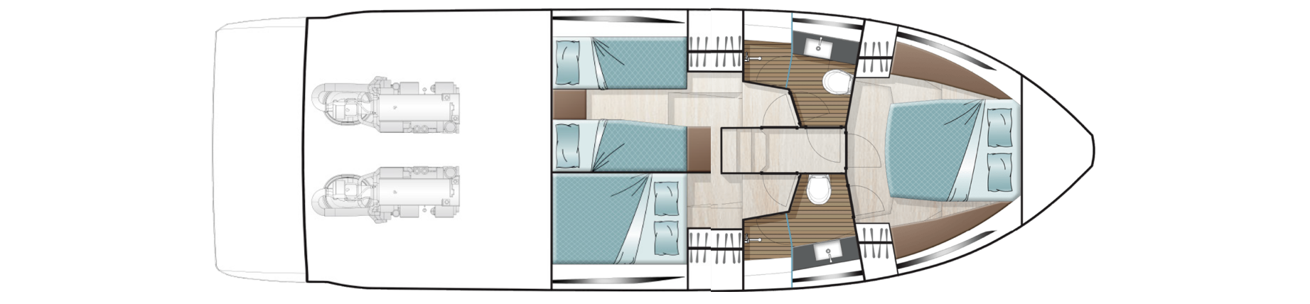 3 cabins (double and single beds) layout
