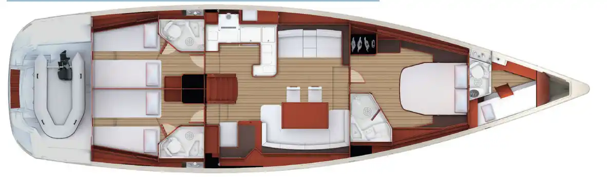 3 cabin version : owner’s forward cabin and 2 aft cabins. Optional skipper cabin.