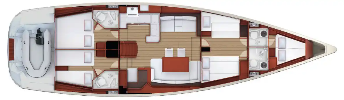 4 cabin version : 2 transformable cabins forward and 2 aft cabins. Optional forward cabin