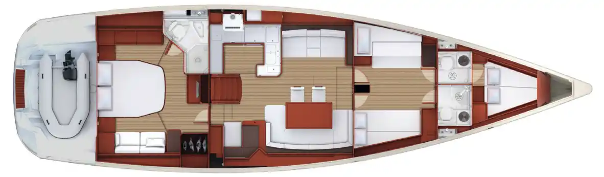 3 cabin version : owner’s aft cabin and 2 transformable cabins forward. Optional forward cabin.